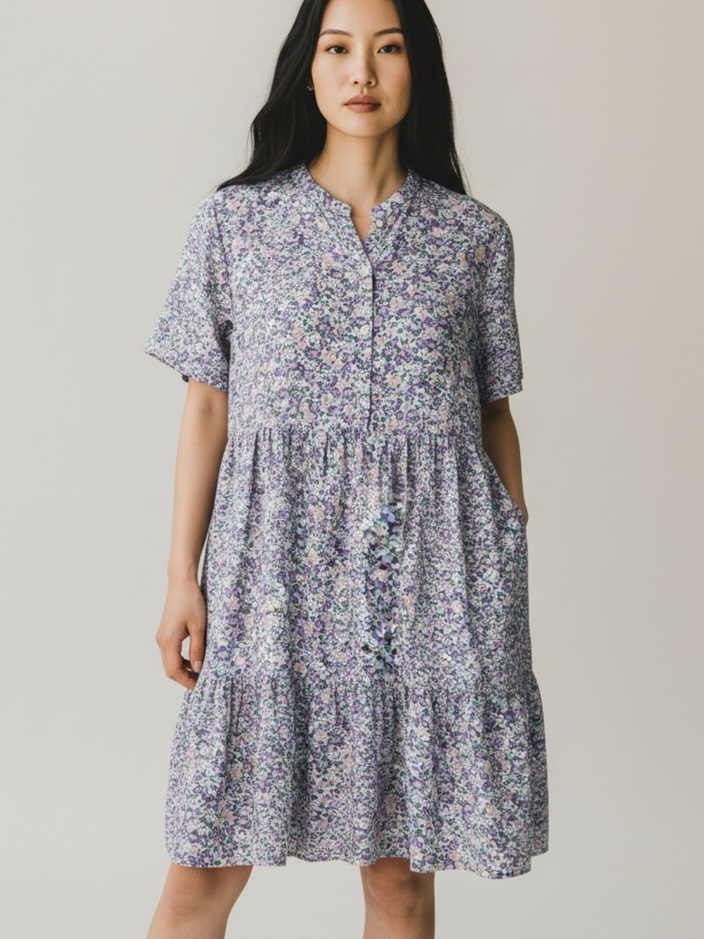 PIgalle Floral Button-Front Tiered Dress in Lavender Mix - Picture 2 of 7
